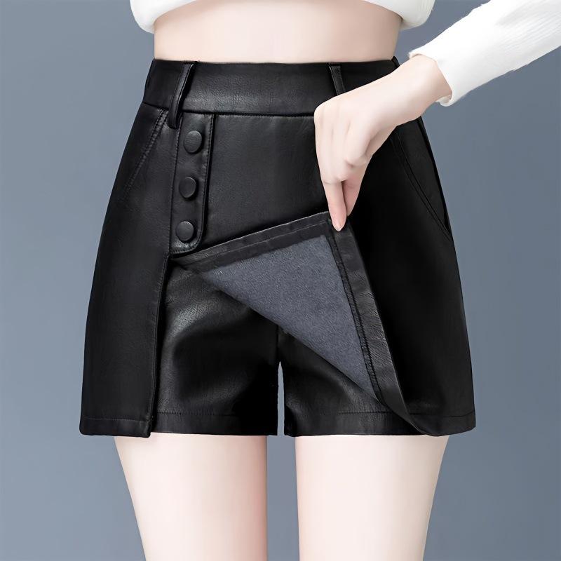 パンツ レディース 秋冬 高腰 カジュアル レザーパンツ スカート 韓国風 ゆったり 大きいサイズ フェイクレイヤード レザー ショートパンツ アクリル ブラック