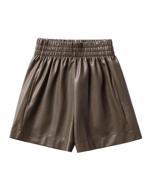 ショートパンツ レディース 韓国風 PUレザー Aライン ワイドレッグ ハイウエスト 細見え 美脚 ポケット付き 黒 ブラック 茶色 ブラウン 春秋 カジュアル