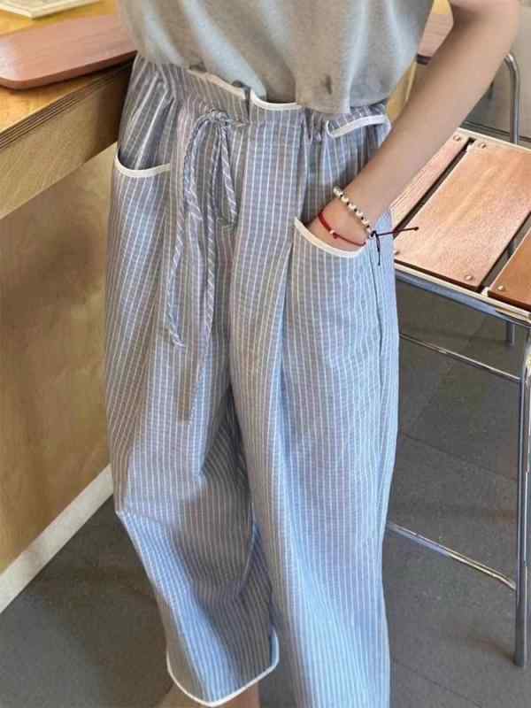 Capri Pants - レディース ワイドパンツ ストライプ柄 ロング丈 ラウンジウェア 薄手 涤纶素材 浅藍 口袋付き 直筒 ゆったり 韓国風 カジュアル 秋季 デイリー 日常使い 通勤 通学 アウトドア 軽量 ストレッチ ビッグシルエット ハイウエスト ゆったり腰 工装スタ