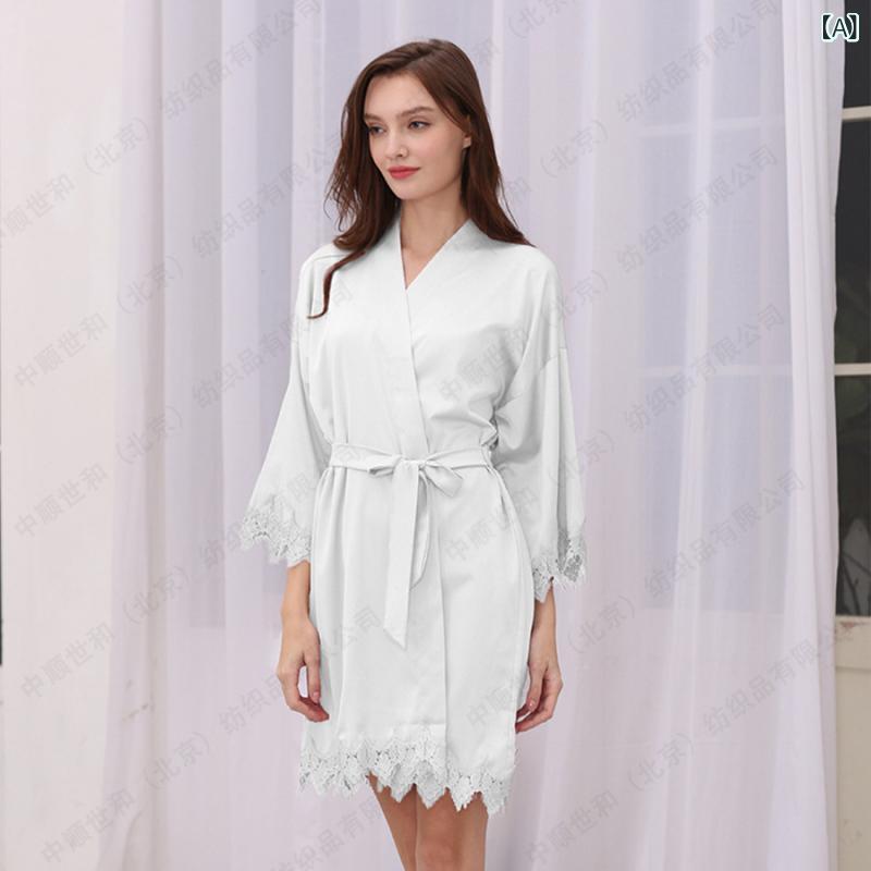 パジャマ レディース セクシー 接触冷感 サテン レース ナイトガウン ローブ Vネック 薄手 部屋着 ルー..