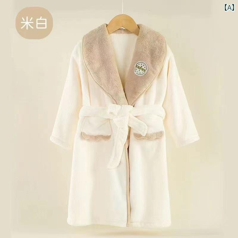 子供用 寝巻き ローブ 着るバスタオル 中大サイズ フード付き 珊瑚フリース 米白色 浅緑色 ピンク色 90..