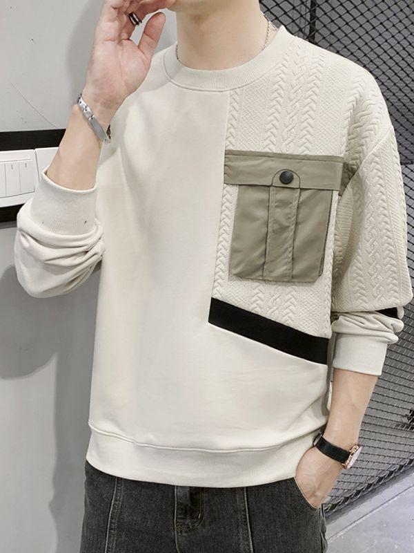 スウェット メンズ トレーナー 春秋 長袖 プルオーバー 丸首 ドロップショルダー ゆったり 無地 ポケット付き ホワイト系 ブラック系 ベージュ系(4.0)