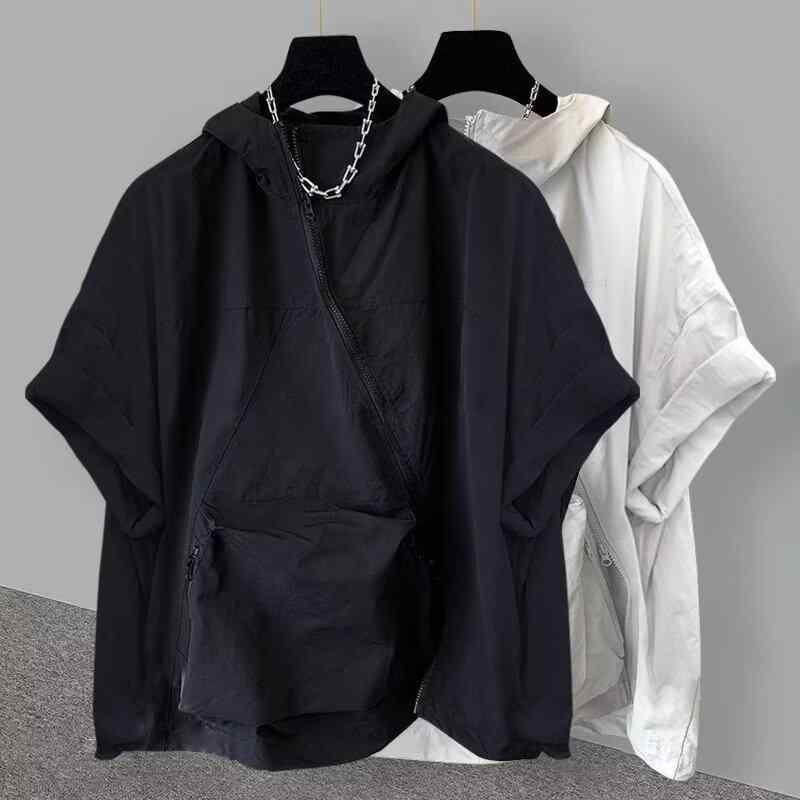 Other - Tシャツ メンズ 男性用 半袖 ワークウェア風 プルオーバー パーカー ブラック 黒 ホワイト 白 無地 ゆったり Vネック ドロップショルダー ポリエステル 通気性 吸湿速乾 春夏