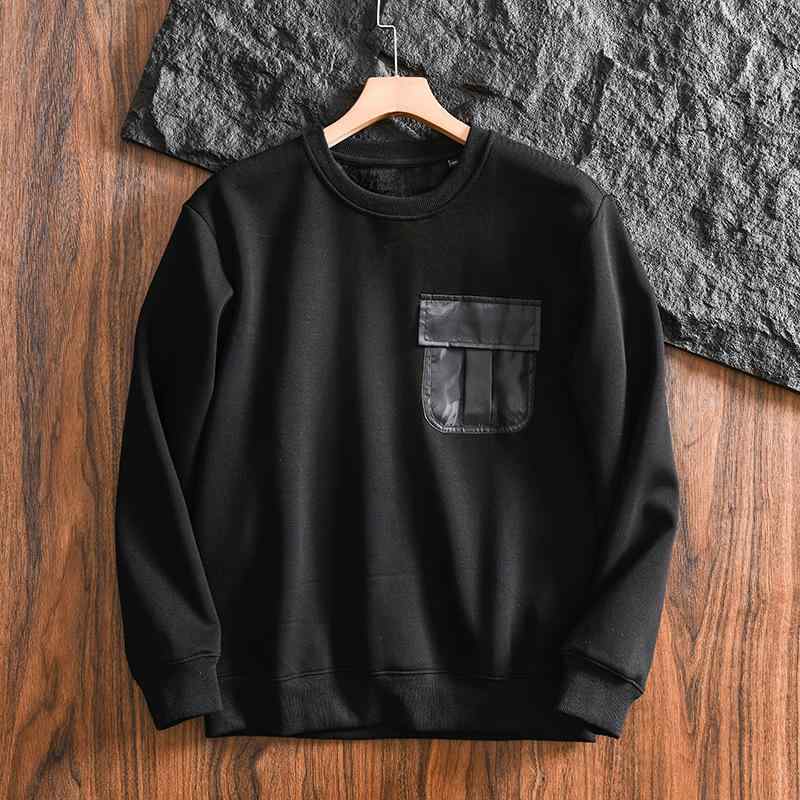 スウェット メンズ 男性用 秋冬 工装風 ポケット付き 保温 暖かい 裏起毛 ゆったり 厚手 丸首 長袖 プルオーバー コットン ブラック