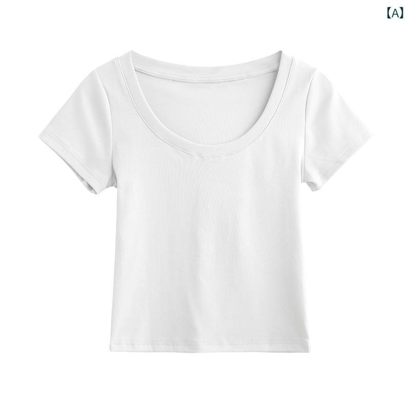 Tシャツ レディース Uネック 鎖骨見せ トップス 半袖 無地 スリムフィット ショート丈 カットソー 綿 ..