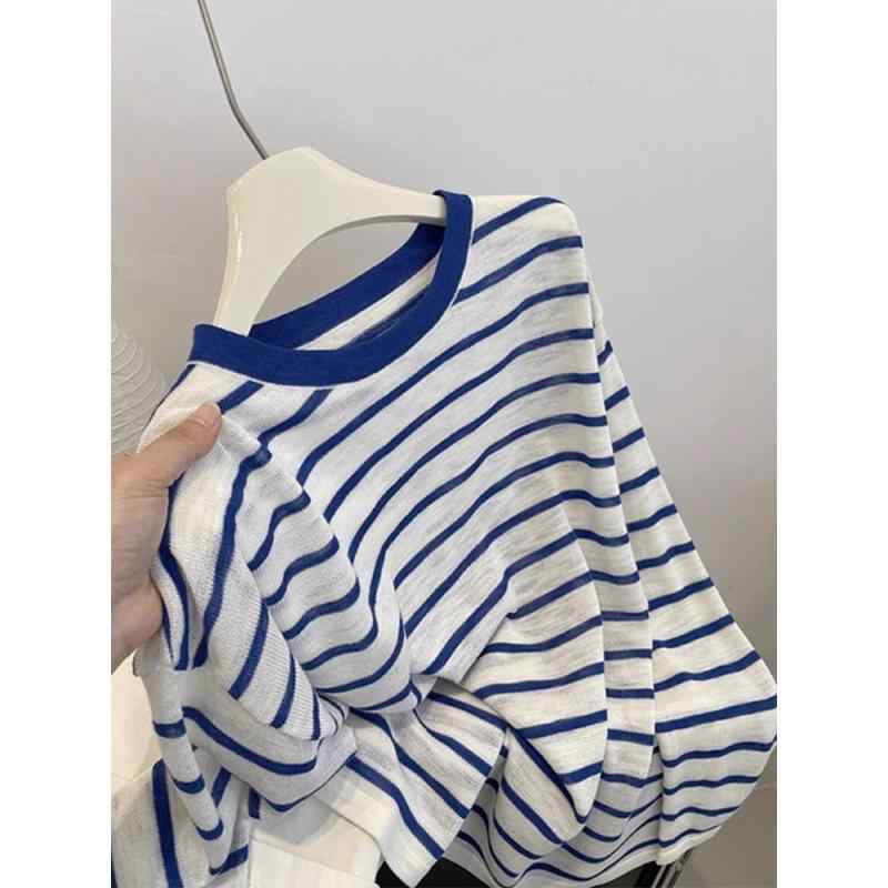 Tシャツ レディース 日韓風 接触冷感 ポリエステル ブルー系 ストライプ柄 長袖トップス 普段使い ルームウェア