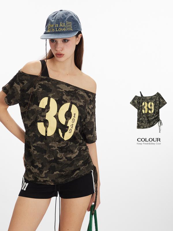 Tシャツ レディース 半袖 斜めがけ 迷彩柄 ショート丈 スリムタイプ トップス ポリエステル グリーン ストリート