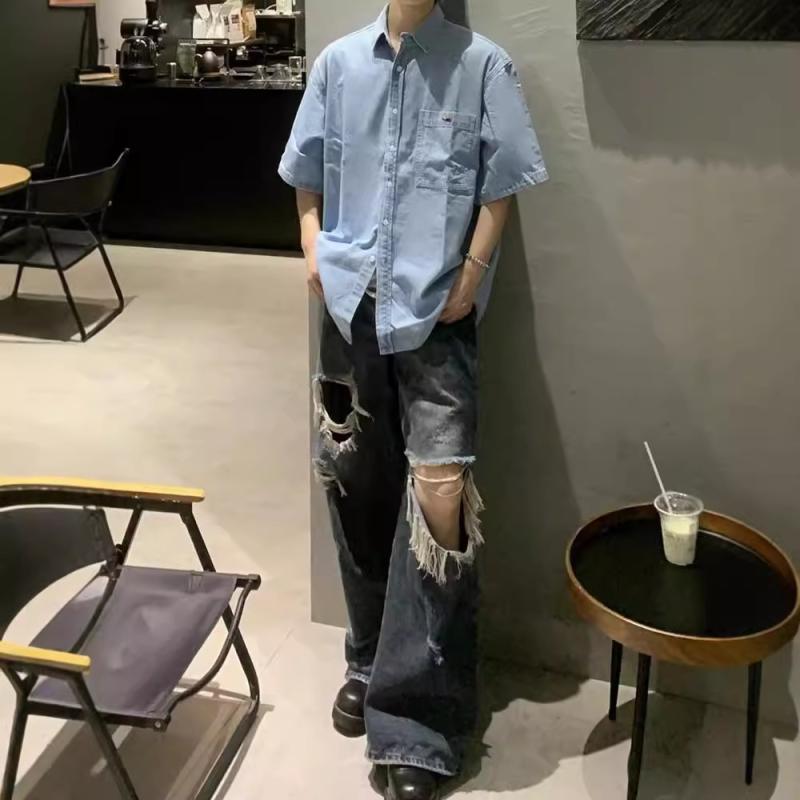 シャツ メンズ 半袖 開襟 ワークシャツ ポリエステル混紡 無地 ブルー ポケット付き カジュアル ゆったり 普段使い