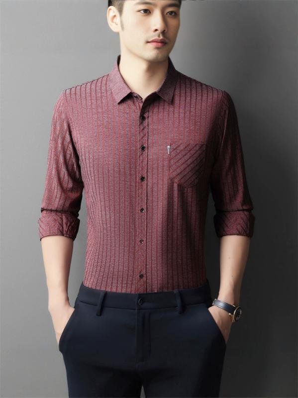 シャツ メンズ 男性用 長袖 桑蚕丝 混紡 ストライプ柄 春秋 トップス 40代 50代 ビジネス カジュアル