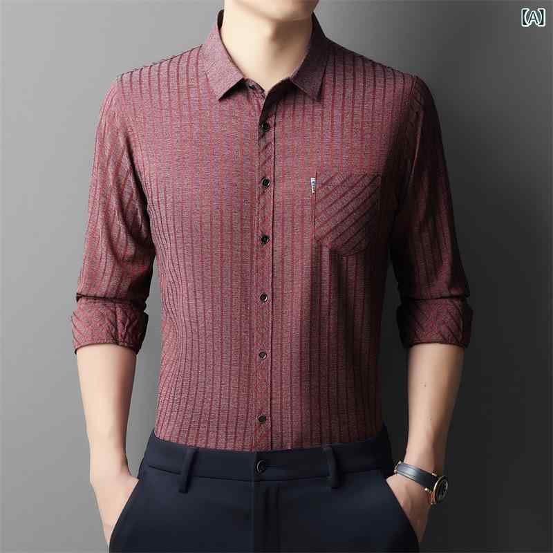 シャツ メンズ 男性用 長袖 桑蚕丝 混紡 ストライプ柄 春秋 トップス 40代 50代 ビジネス カジュアル