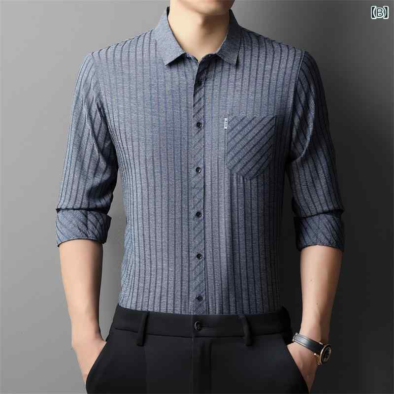 シャツ メンズ 男性用 長袖 桑蚕丝 混紡 ストライプ柄 春秋 トップス 40代 50代 ビジネス カジュアル