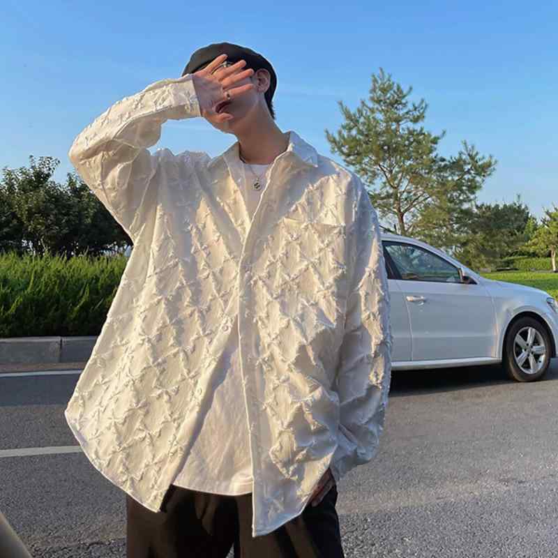 シャツ メンズ 長袖 高級感 刺繡 デザイン トップス 白 無地 韓国風 ルーズ カジュアル 男性用 ポリエステル ブラック ホワイト 春夏