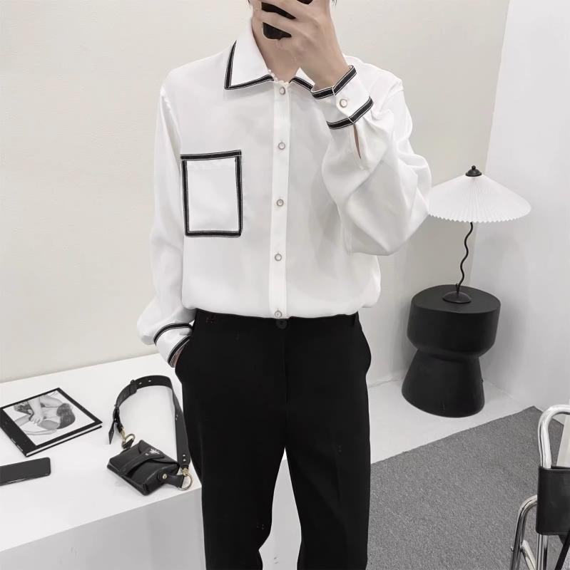 Rakuten - シャツ メンズ 長袖 トップス ブルゾン風 春秋 韓国風 ポリエステル ホワイト 白 M L XL XXL