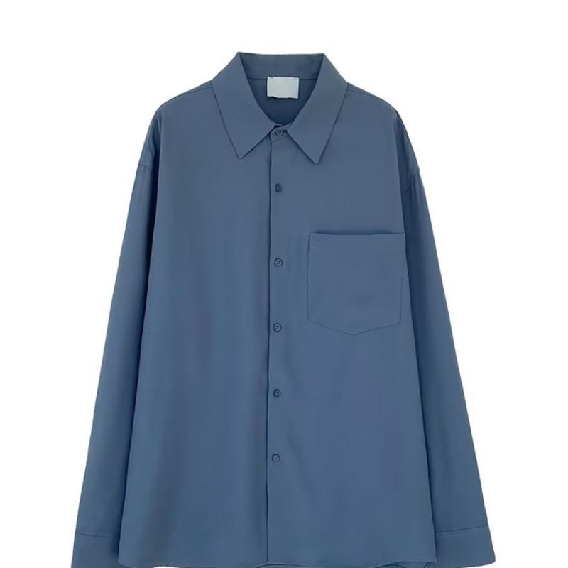 シャツ メンズ 長袖 韓国風 ポリエステル トップス 無地 ルーズ 青年 成人 秋 カッターシャツ ブラウス