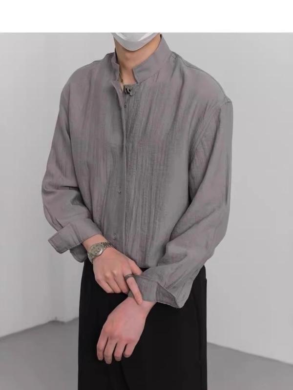 シャツ メンズ 男性用 長袖 立襟 ポリエステル混紡 無地 カジュアル 韓国風 トップス 春秋 白 黒 グレー