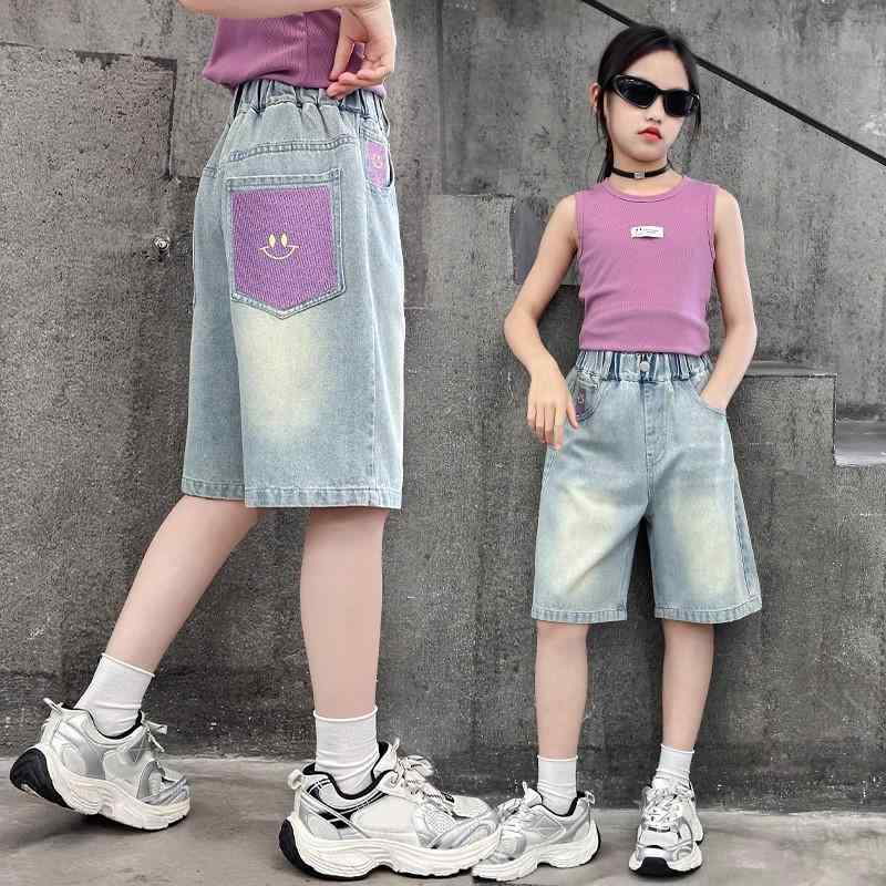 Other - キッズ デニム ハーフパンツ 女の子 子供服 夏物 薄手 五分丈 中大童 高学年 普段着 かわいい 紫色 スマイル柄 120cm 130cm 140cm 150cm 160cm 170cm
