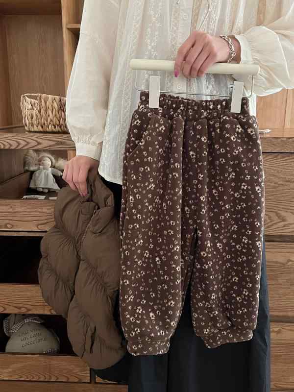 子供服 パンツ 女の子 花柄 ワイドレッグ あったか オリーベルボア 裏起毛 ズボン 韓国風 カジュアル 厚手 冬 90cm 100cm 110cm 120cm 130cm コーヒー色