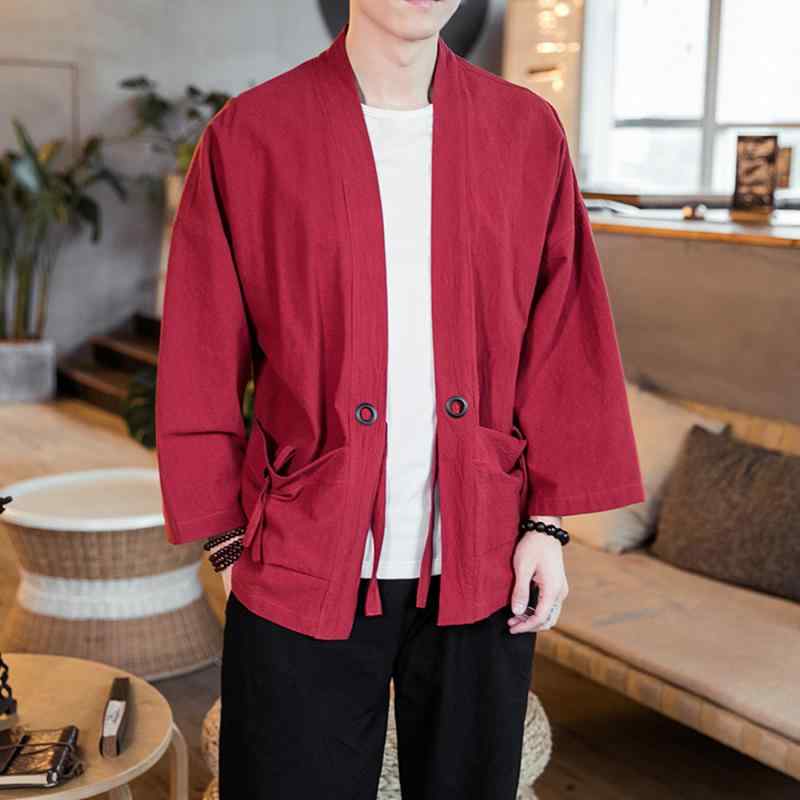 シャツ メンズ 男性用 コットンブレンド 薄手 カーディガン 和風 和服風 7分袖 ビッグシルエット 無地 ブラック 紺 ワインレッド カーキ 春夏