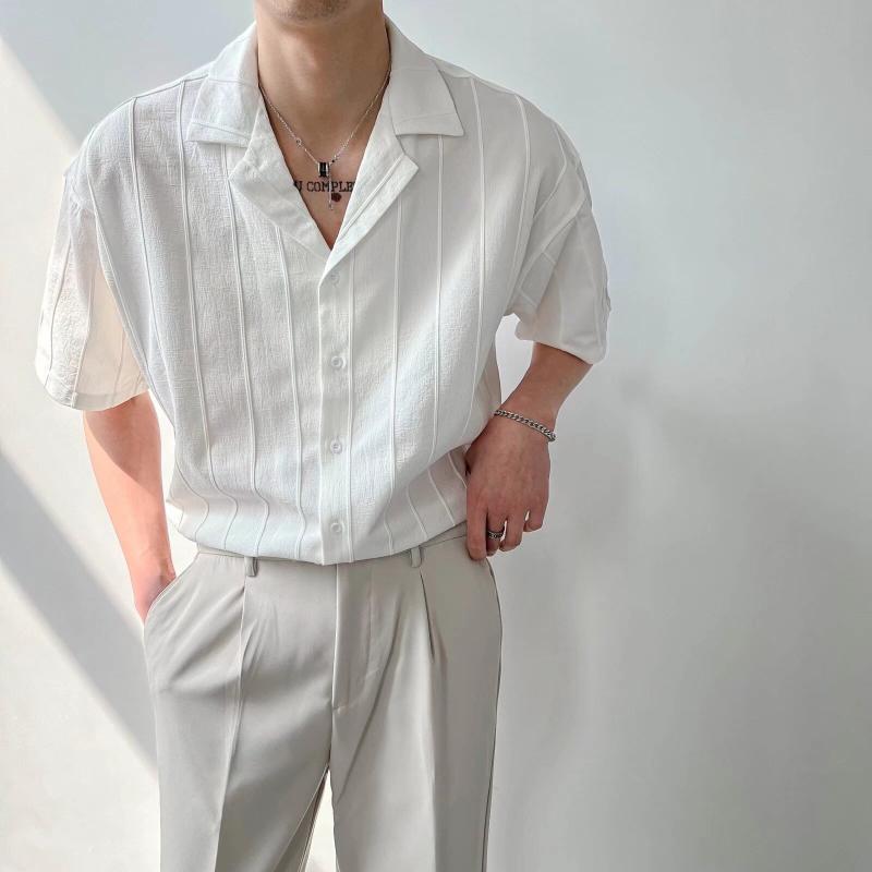 シャツ メンズ 男性用 韓国風 開襟シャツ 半袖 無地 ポリエステル混紡 薄手 普段使い