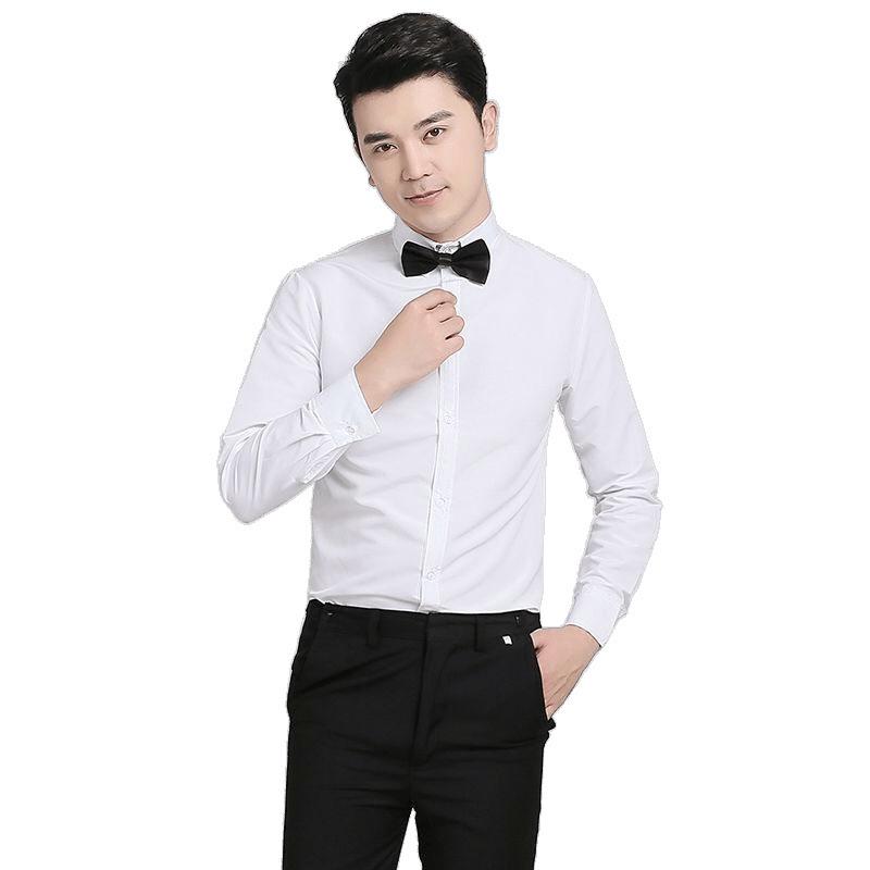 シャツ 男性用 長袖 白シャツ ブラウス フォーマル 合唱 演出 舞台 衣装 トップス 修身型 ポリエステル アクリル 無地 ブラック 黒 グレー 春秋