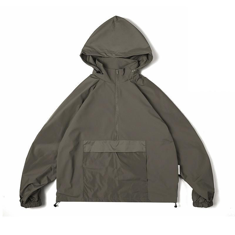 ジャケット 男性用 アウトドア 防風 ドロップショルダー ハーフジップ プルオーバー トップス 秋冬 黒 緑 茶色(4.0)