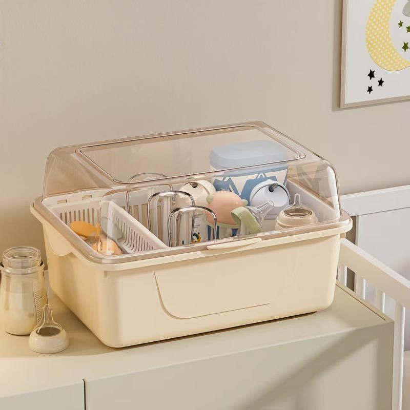 ベビー食器収納ケース 哺乳瓶乾燥ラック フタ付き 防塵 離乳食調理器具収納ボックス 大容量 多用途 持..