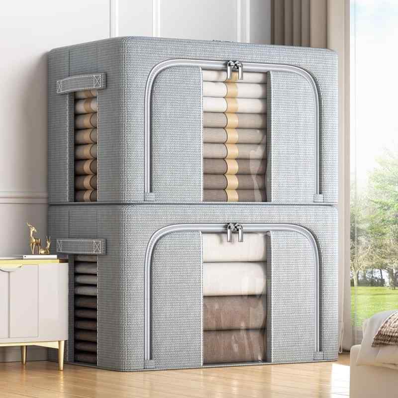 Wall Furniture - 収納ケース 収納ボックス 折りたたみ 66L 衣服 衣類 布団収納ケース オックスフォード生地 スチールフレーム 整理整頓 防塵 防湿 グレー ベージュ