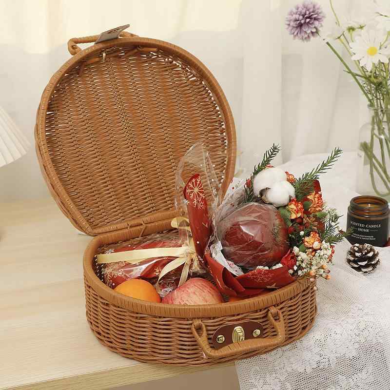 収納ケース 藤編み半円形手提げ 籐編みトランク ハンドバッグ 小物入れ 携帯用 茶色 クラシック中国ス..