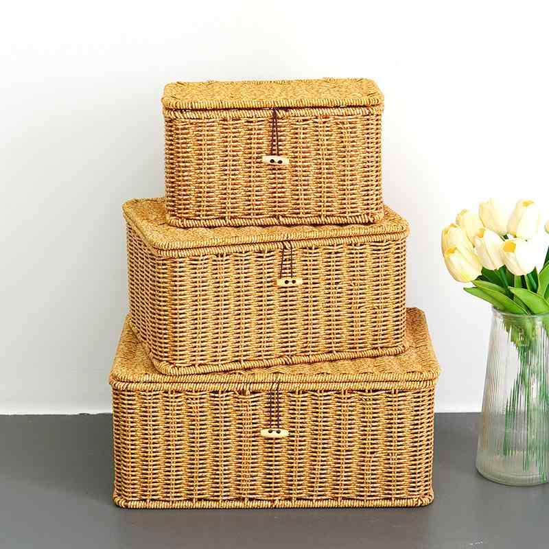 収納ボックス レディース 卓上収納ケース プラスチック 藤編み風 フタ付き 小物入れ アクセサリーケース 日式スタイル(3.0)