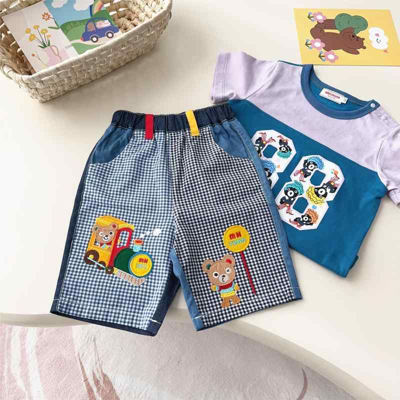 子供服 ショートパンツ 夏 格子柄 カジュアルパンツ 小熊 小火车 刺繍 90 100 110 120 130サイズ コットン 涼しい かわいい 男の子 女の子 男女兼用