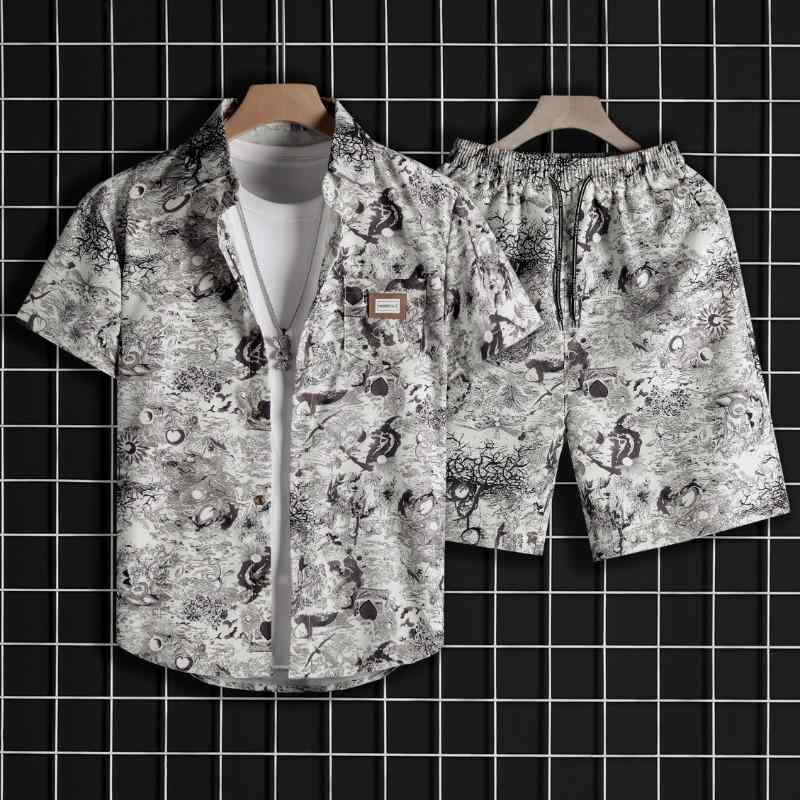 Men's Clothing - シャツ メンズ アロハシャツ 半袖シャツ キューバシャツ バロック柄 コットン混紡 薄手 復古風 ショートパンツ セットアップ スポーツウェア