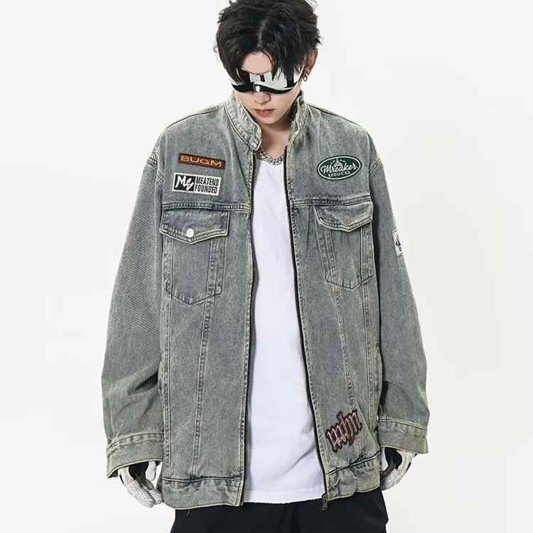 デニムジャケット メンズ Gジャン ウォッシュ加工 レトロ 刺繍 ルーズフィット スタンドカラー ブルゾン アウター 春 スプリングコート カジュアルスタイル