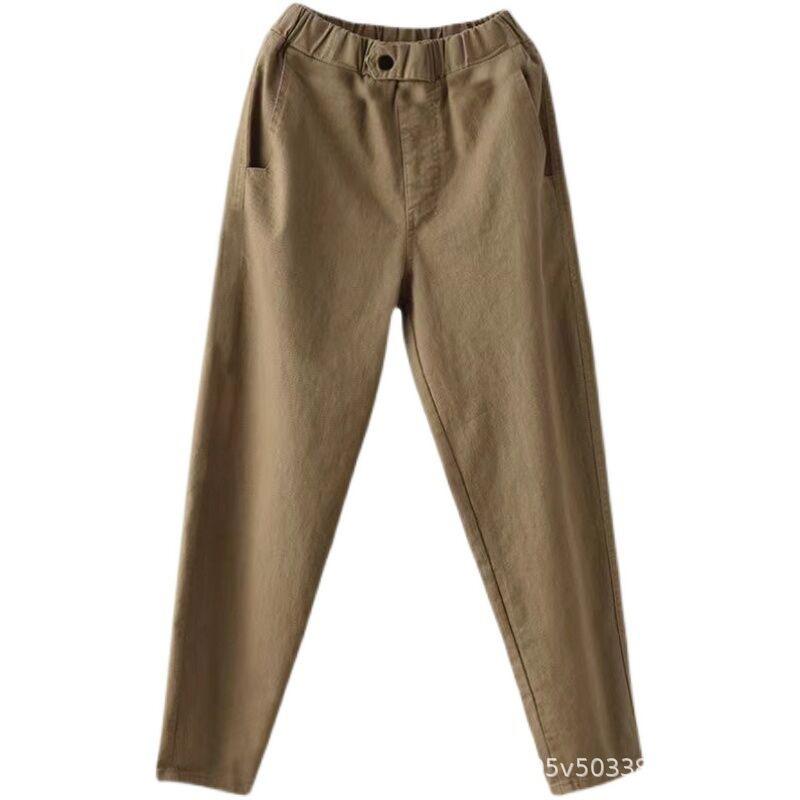パンツ レディース 春秋 全綿 カジュアルパンツ 薄手 ゴムウエスト ハーレムパンツ 綿100% クロップドパンツ ズボン ロングパンツ カーキ ブラック ベージュ コーヒー 普段使い 通勤