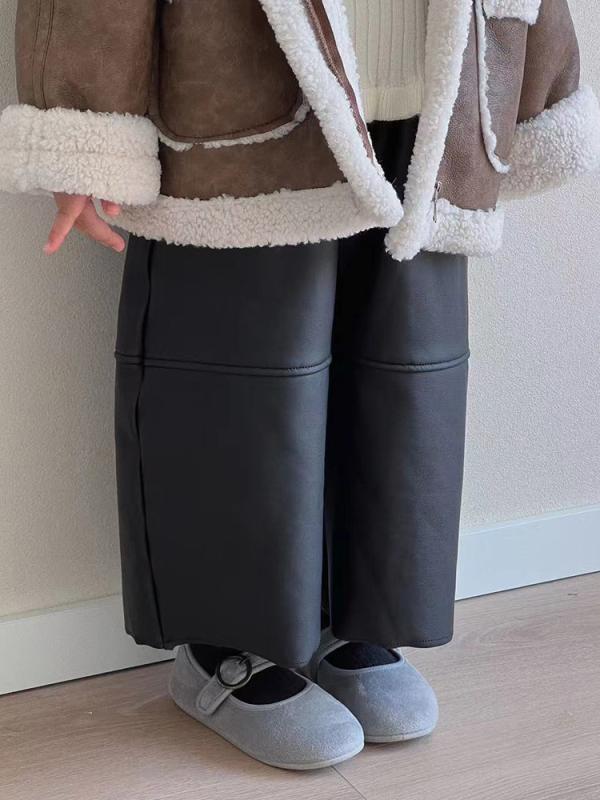 子供服 皮パンツ 裏起毛 ガールズ 韓国風 ワイドレッグパンツ ストレートパンツ 秋冬 普段使い かわいい 伸縮性 ブラック系