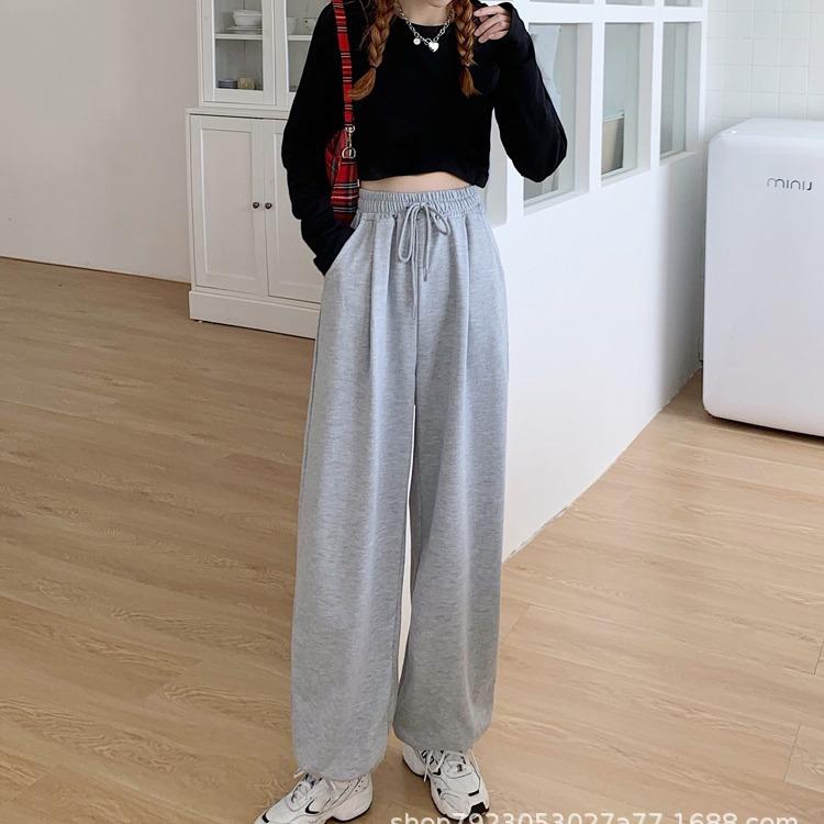 Long Pants - パンツ レディース 春秋 カジュアルパンツ ワイドレッグパンツ 灰色 スポーツパンツ ゆったり 裾絞り ハイウエスト ロングパンツ ストレートパンツ