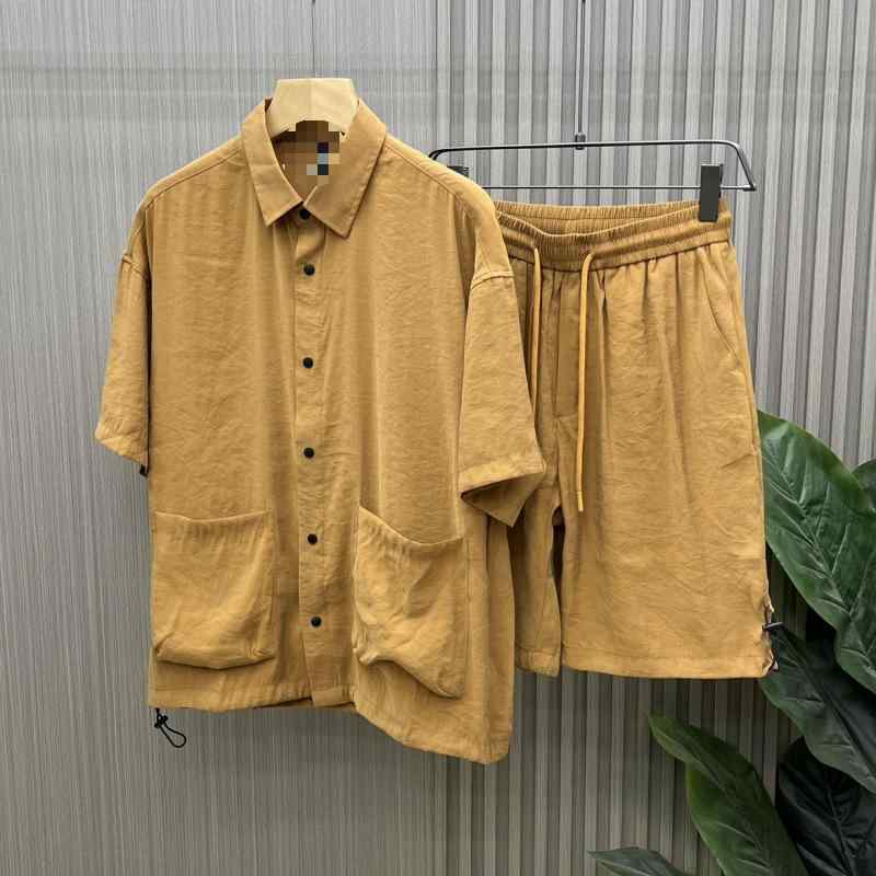 メンズ 接触冷感 半袖シャツ & ハーフパンツ セットアップ 男性用 薄手 ポリエステル 涼感 快適 ルームウェア 普段使い アウトドア キャンプ 焦糖色 ブラック