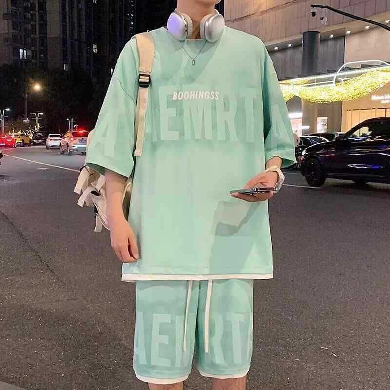 スポーツウェア メンズ 半袖Tシャツ ショートパンツ 上下セット 男性用 薄手 運動着 部屋着 ポリエステル混紡 ブラック ホワイト グリーン(4.0)