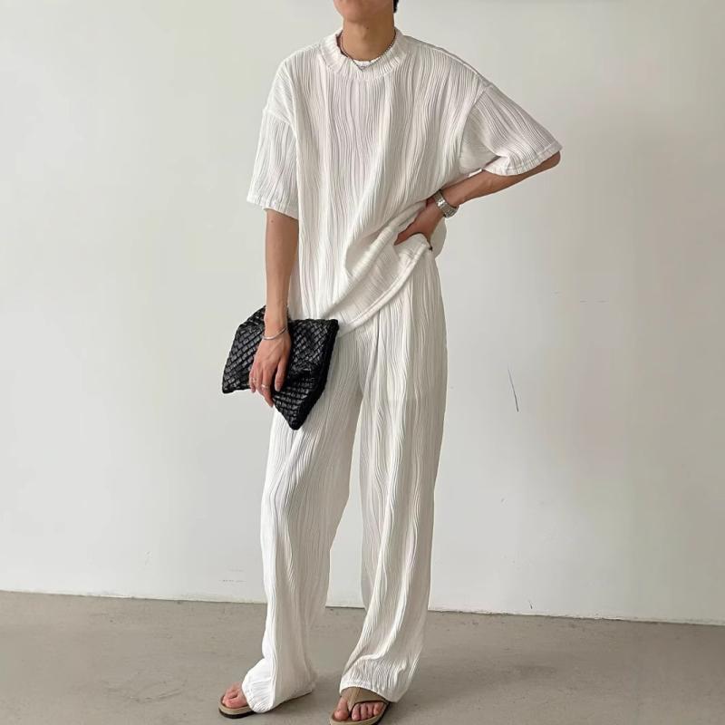 スポーツウェア メンズ 半袖Tシャツ ショートパンツ 上下セット 韓国風 カジュアル ファッション ポリエステル混紡 春夏 ホワイト ブラック M L XL XXL XXXL