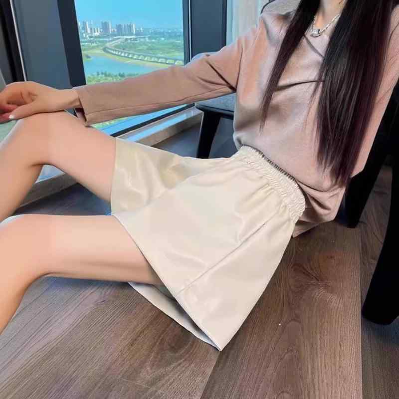 ショートパンツ レディース ハイウエスト レザーパンツ ブーツカットパンツ PU 無地 韓国風 カジュアル 薄手 美脚 ブラック コーヒー色 杏色 XS S M L XL 2XL 3XL 春夏