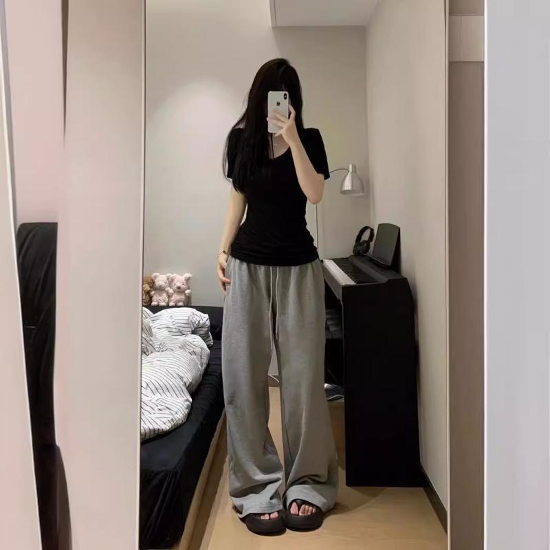 Rakuten - Tシャツ レディース Vネック 半袖 トップス 黒 ブラック 修身 無地 ポリエステル リブ サマー 韓国風 カジュアル