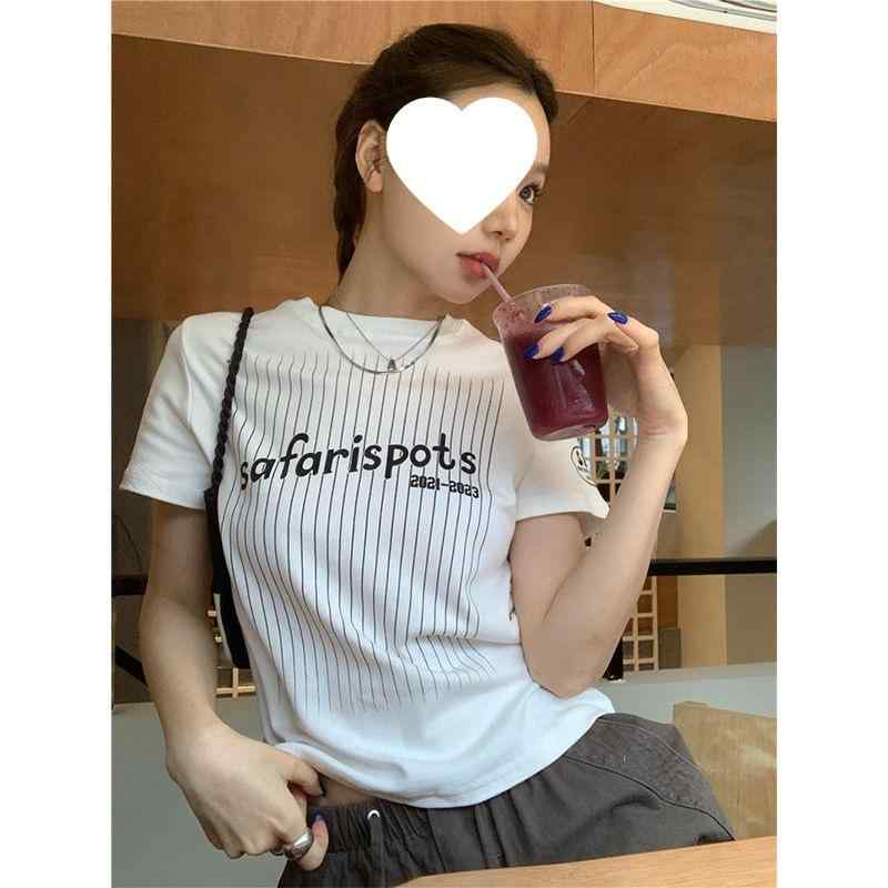 Three-Quarter - Tシャツ レディース ストライプ柄 アルファベットプリント 半袖 グレー ホワイト カットソー ラウンドネック 修身