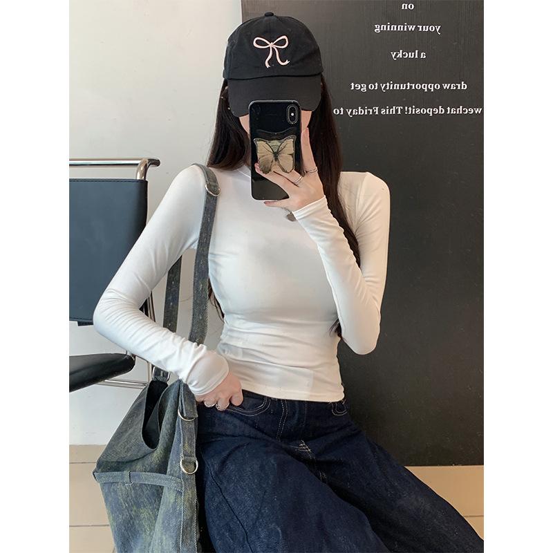 Tシャツ レディース 春秋 長袖 スリムフィット クルーネック トップス 無地 薄手 レーヨン 伸縮性 ストレッチ ホワイト 白