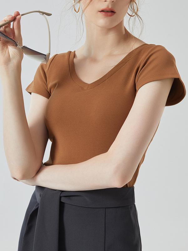 Tシャツ レディース Vネック 半袖 ブラパッド付き カップ付き インナー 小柄 美背 修身 トップス 綿100..