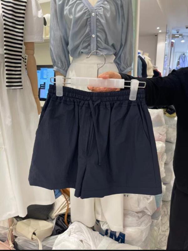 ショートパンツ レディース 韓国風 レトロ 無地 シンプル ゴムウエスト ドローストリング スポーツMIX カジュアル 深青 短パン
