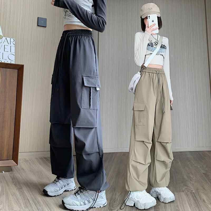 パンツ レディース 薄手 速乾性 宽松 ワイドレッグパンツ ゴムウエスト ドローストリング カジュアル アメカジ スポーツパンツ ブラック カーキ 深灰色 杏色