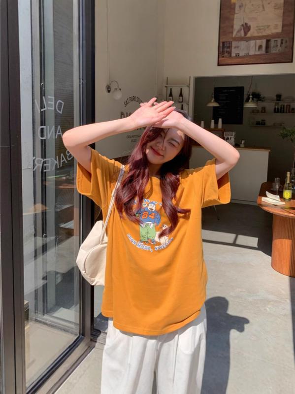 Tシャツ レディース 韓国風 半袖 ゆったり トップス カットソー プリント 綿100% 白 黄色 M L XL XXL 春夏 カジュアル スタイル