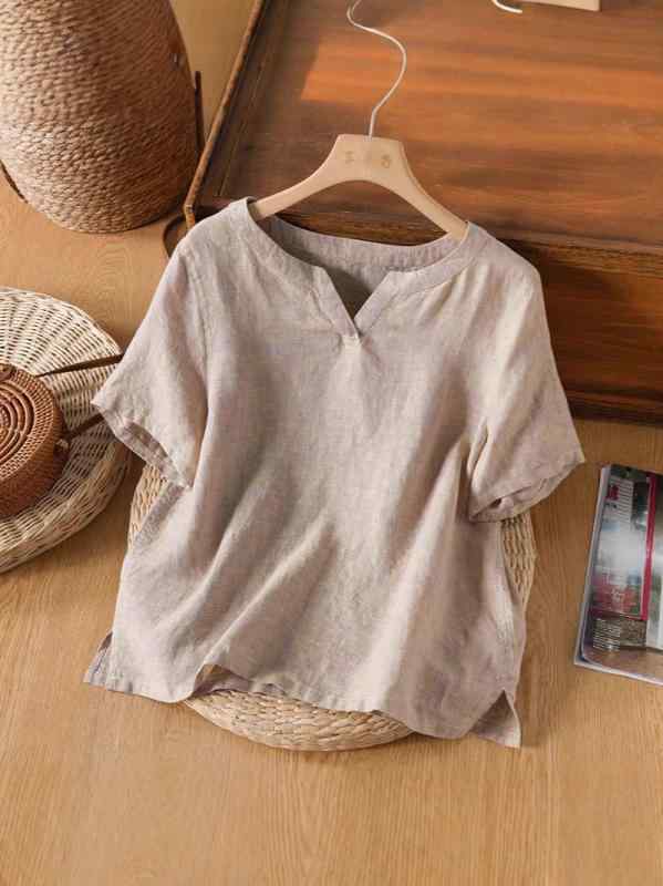 Tシャツ レディース Vネック 薄手 麻 リネン トップス カットソー 半袖 無地 シンプル ブラウス チュニック 文芸風 レトロ パープル ベージュ系