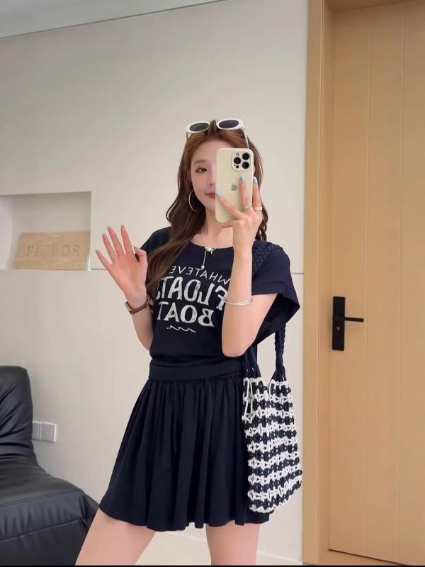 セットアップ レディース 韓国風 Tシャツ+スカート 夏 半袖 Aライン ひざ丈スカート 快適 コットン 普段使い 通勤 接触冷感 伸縮性