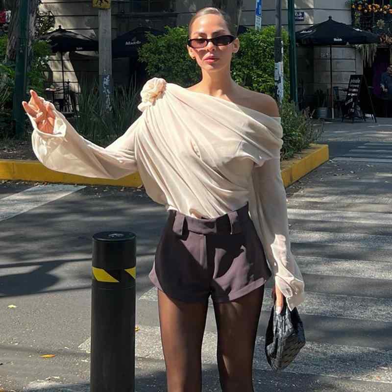 Tシャツ レディース 秋冬 セクシー カットソー 斜め肩 長袖 ポリエステル チュール スリムフィット 杏色 ブラック ホワイト グリーン 普段使い