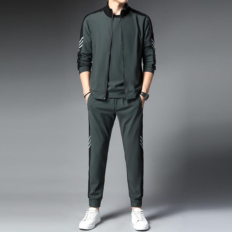 メンズ ジャージ 上下セット 薄手 普段使い 長袖 Tシャツ &amp; ジップアップ ジャケット &amp; ロングパンツ 3点セット 部屋着 ルームウェア スポーツウェア